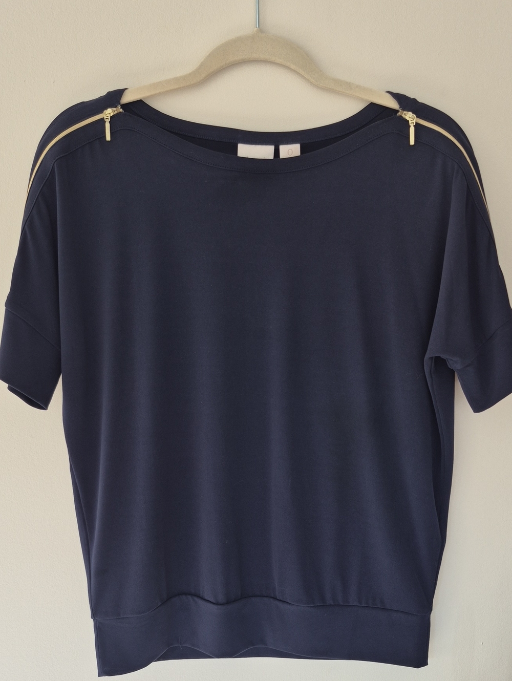 Chico's Navy Short-Sleeve Top with Gold Shoulder Zips